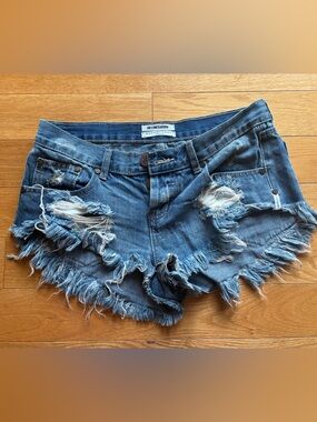 One Teaspoon Frayed Distressed Medium Blue Denim Cutoff Shorts